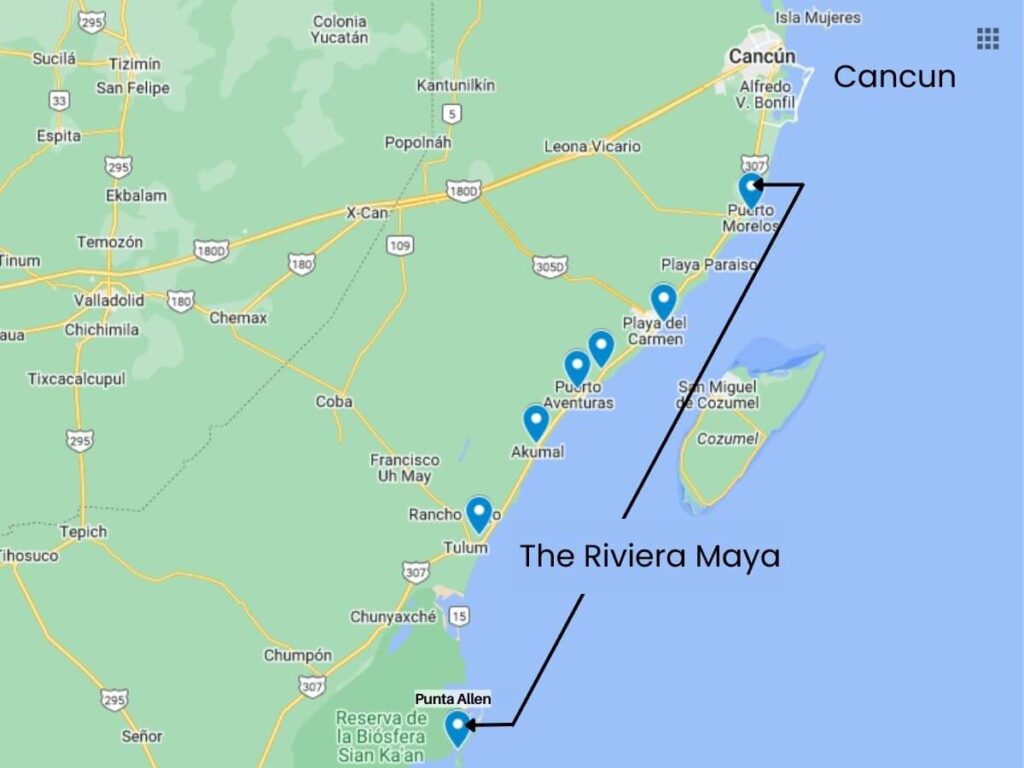 Riviera Maya map with destinations showing the distance from Cancun to Riviera Maya