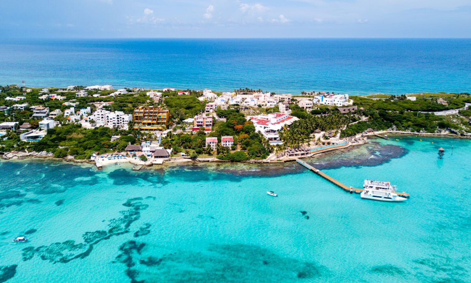 An areal view showing the beautiful clear waters Infront of Garrafon de Castillo, Isla Mujeres