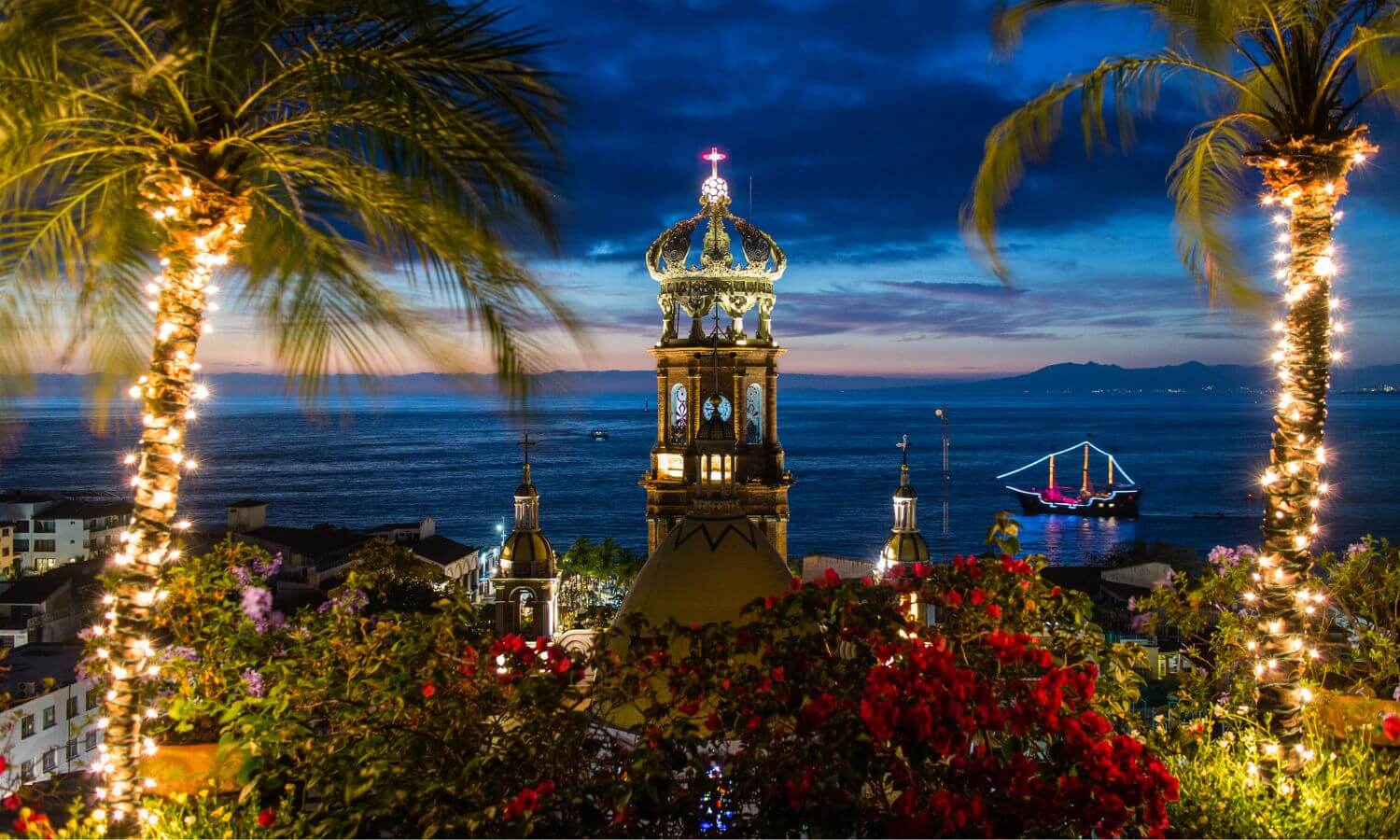 Christmas Decorations on palm trees at night looking over the ocean in Mexico