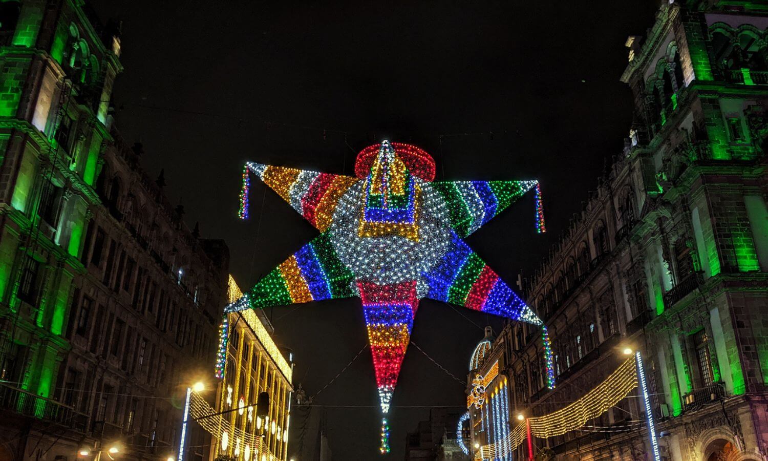 Street Christmas Lights in the shape of a pinata, in Mexico