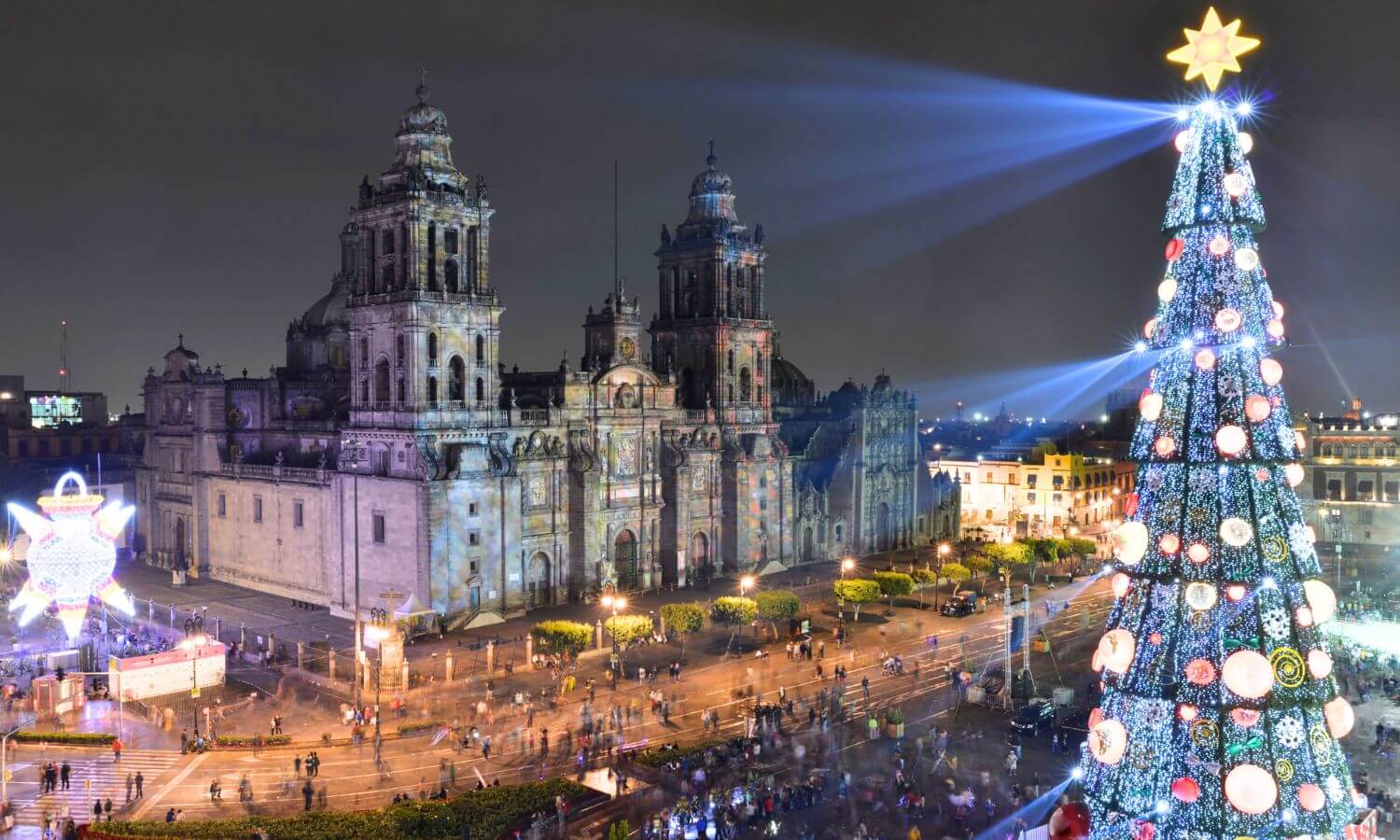 The beautiful Christmas Tree at night in the zocalo of Mexico City