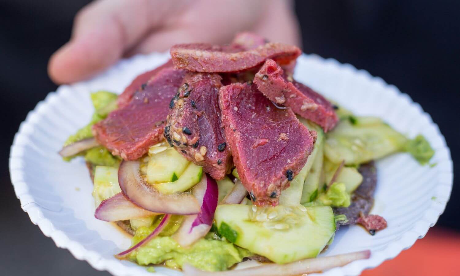 A plate of seared tuna at a food festival in Mexico.