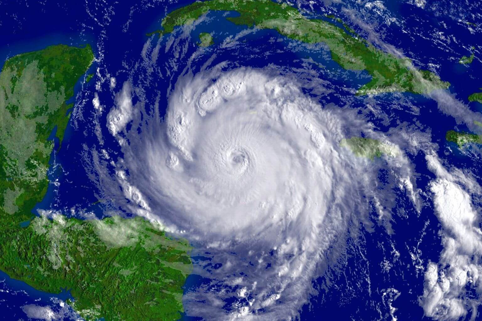 Areal view of a large hurricane approaching the Yucatan from the Caribbean