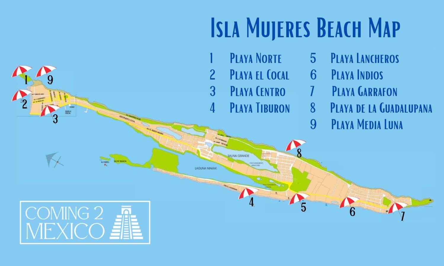 A map showing the beaches of Isla Mujeres. Which do you think is the best beach on Isla Mujeres?