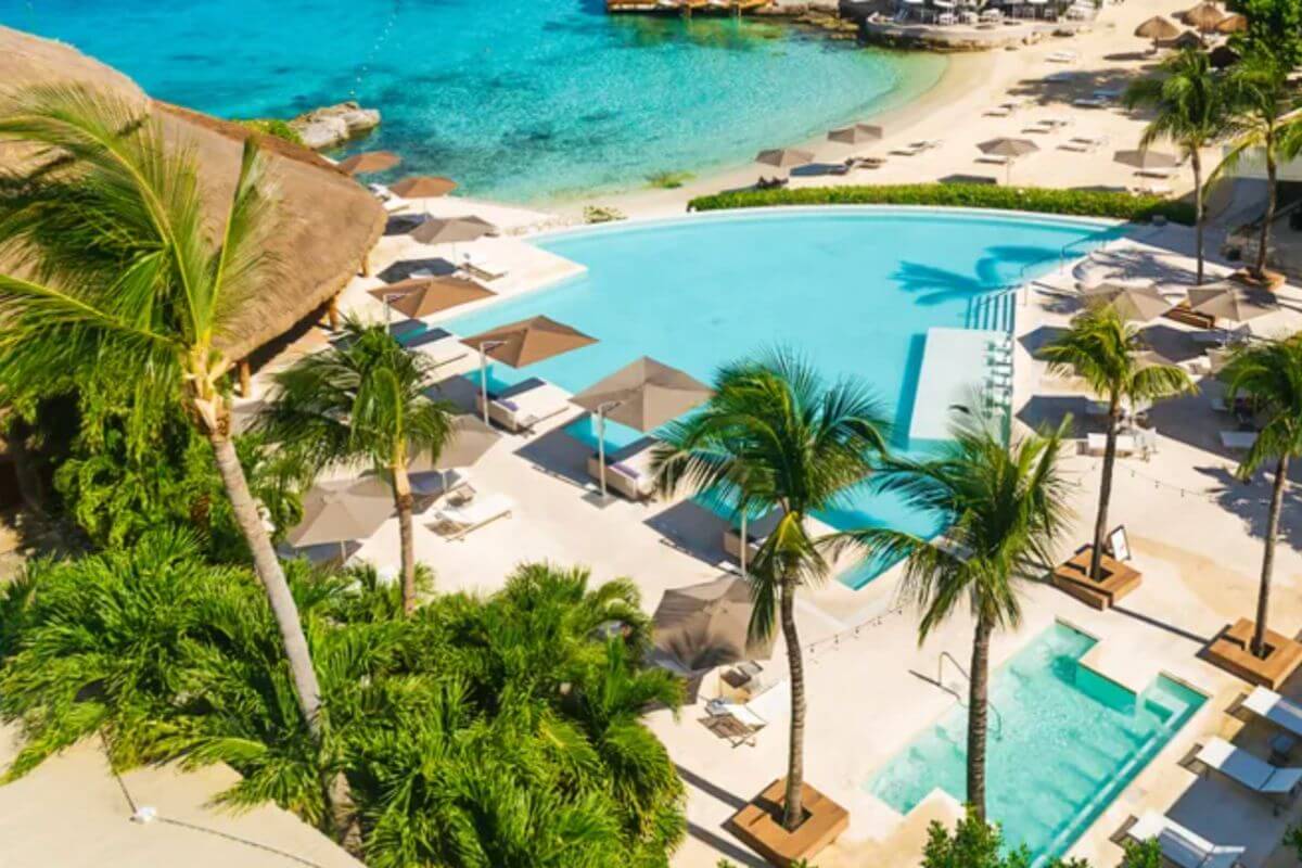 Looking down from the hotel over the pool and beach at the InterContinental Presidente, Cozumel