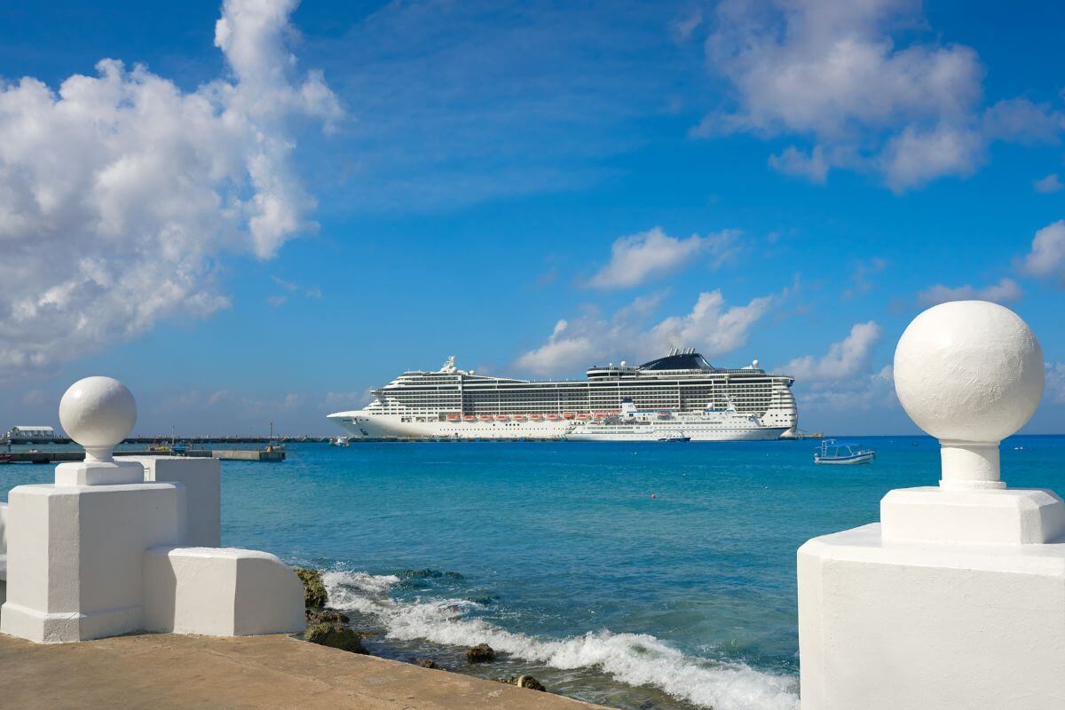A huge cruise ship docked in Cozumel.