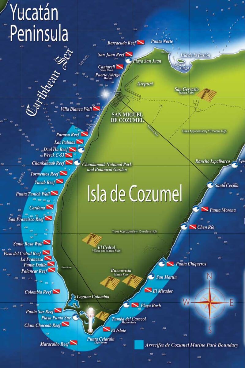 A map of Cozumel showing the ref locations around the island.