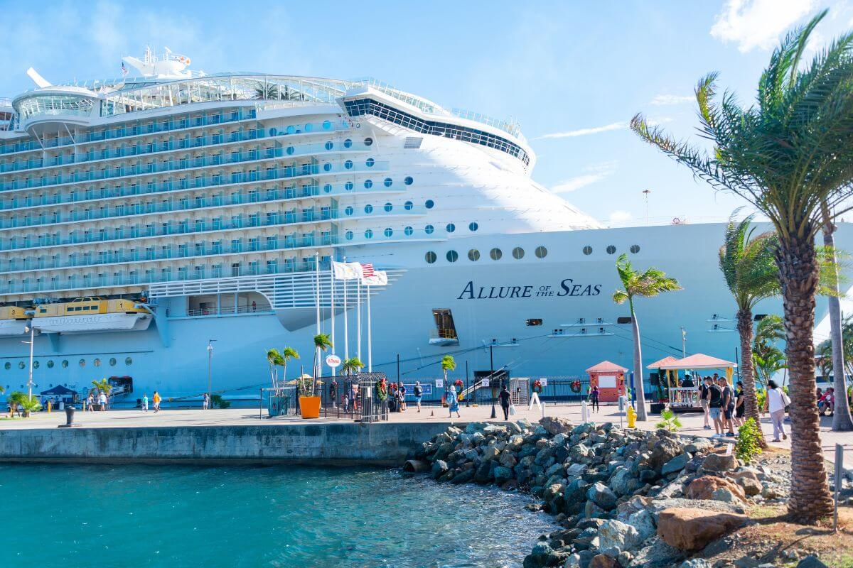 The huge Allure of the Seas Cruise ship docked in Cozumel.