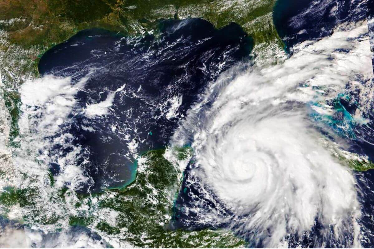 A satellite view of a hurricane approaching the Yucatan Peninsular.