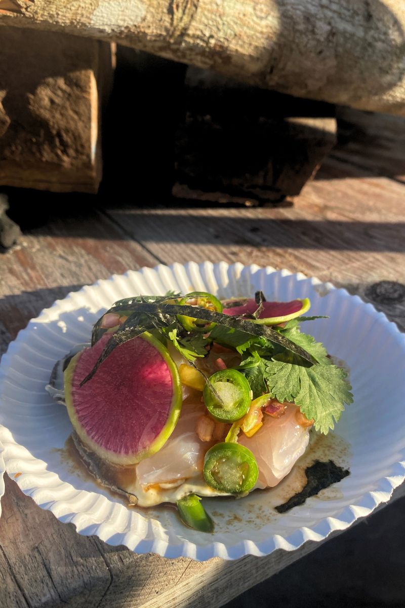 Our favorite dish from the Caribbean food festival. Raw Jurel (Horse Mackerel) with serano and vegetables served on a tostada.