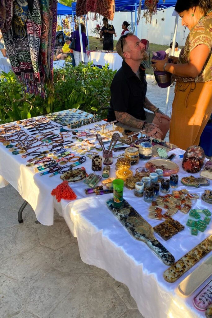 Regional jewelry being sold on a market stand at the Food festival in Puerto Morelos.