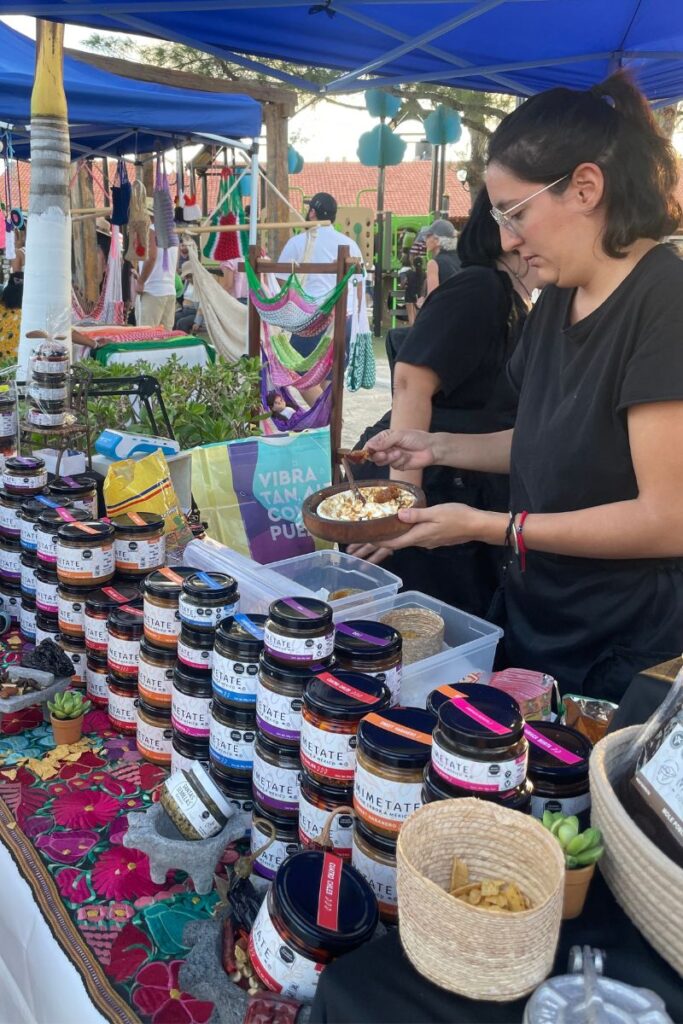 Locally produced goods being sold on a market stand at the Food festival in Puerto Morelos.