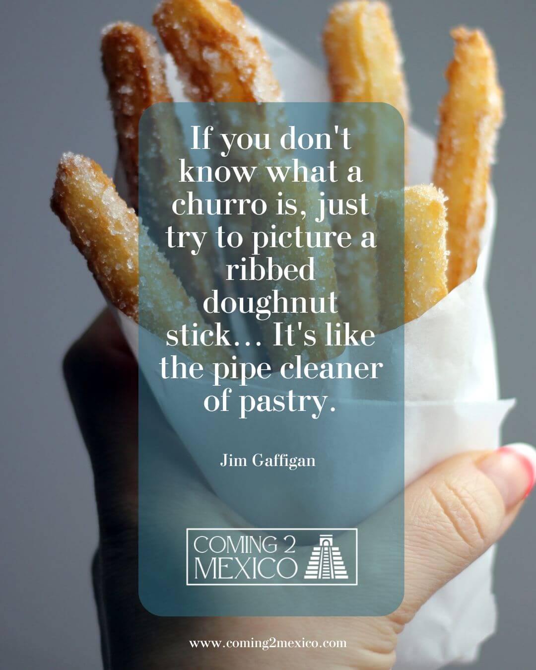 "If you don't know what a churro is, just try to picture a ribbed doughnut stick... It's like the pipe cleaner of pastry." - Jim Gaffigan