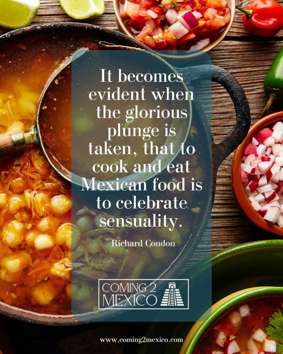 “It becomes evident, when the glorious plunge is taken, that to cook and eat Mexican food is to celebrate sensuality.” - Richard Condon