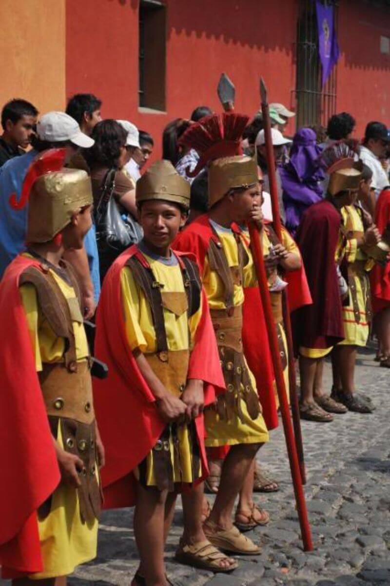 Children dressed as roman guards reenacting the crucifixion in Itzapalapa.