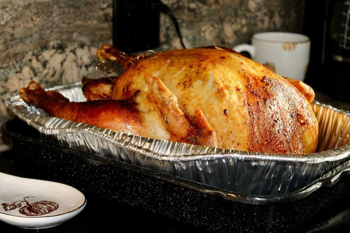 Roasted Turkey Roasted turkey coming out of the oven in a pan